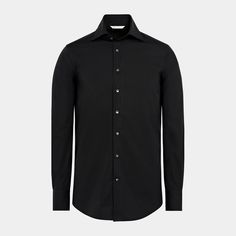 This stylish jet-black button-up is tailored to a tailored fit and is crafted in a fine twill weave with a pronounced high widespread collar, single cuff, and French placket. Black Weave, Tuxedo Pants, Twill Weave, Slim Fit Shirt, Egyptian Cotton, Black Button, Mulberry Silk, Suspenders, Jet Black