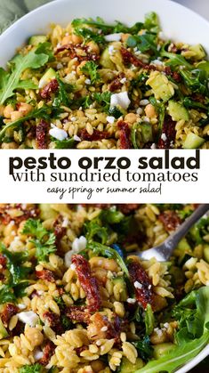 pesto orzo salad with sundried tomatoes and feta cheese in a white bowl