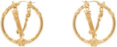 Pair of hoop earrings in gold-tone brass. · Logo charm at face · Medusa hardware at drop · Hinged-post fastening · D2.5 Supplier color: Light gold Luxury Small Hoop Brass Earrings, Luxury Clip-on Hoop Earrings, Luxury Brass Jewelry With Gold-tone Hardware, Luxury Gold-tone Brass Jewelry, Classic Gold Jewelry With Brass Hardware, Luxury Gold-tone Metal Hoop Earrings, Gold-tone Round Earrings, Gold Jewelry With Gold-tone Hardware In Brass, Luxury Pierced Brass Hoop Earrings