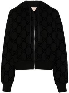 black cotton signature Interlocking G flocked logo drawstring hood front zip fastening long sleeves ribbed cuffs and hem two front welt pockets cropped straight hem French terry lining Gucci Jackets, Gucci Sweatshirt, Gucci Jacket, Streetwear Essentials, Designer Sweatshirts, Twill Jacket, Satin Jackets, Gucci Black, Cotton Hoodie