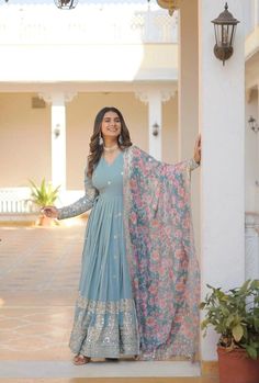 Partywear Anarkali Gown Full Flared Gown Wedding Indian Long Gown Suit Salwar Indian Long Gowns, Multi Dupatta, Sequins Gown, Cyan Colour, Gown With Dupatta, Gown Party Wear, Gown Suit, Light Cyan, Indo Western Dress