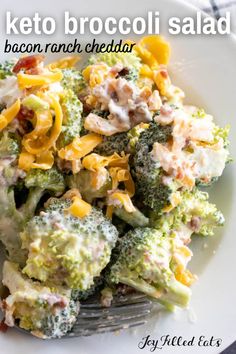 broccoli salad with bacon ranch cheddar on a white plate