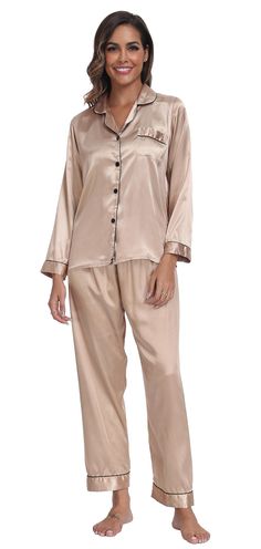 PRICES MAY VARY. Fabric: our satin pajama sets are made with soft, skin-friendly,quality, lightweight and comfortable silky fabric, helping you have a sound sleep. Features: two-piece pajama sets sleepwear nightwear include a pajama top and pajama bottoms, comfortable and classic yet fashionable. Satin pajama set is for women and girls. Pajama top: silky satin t-shirt. Solid color, long sleeves, button-front closure, a chest pocket and with notch collar. Pajama bottoms: elastic waist pants, ankl Satin Pajama Sets, Satin T Shirt, Silk Loungewear, Sadies Dress, Girls Pajama, Pajama Set Long, Bridesmaid Pajama Set, Long Sleeve Pajamas, Pjs Set