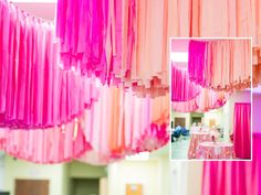 pink and orange streamers hanging from the ceiling