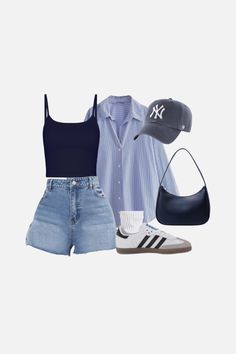 Click to shop and view this casual and easy spring and summer outfit idea, and click to view more spring 2024 outfit ideas like this. 2024 Summer Aesthetic Outfits, Outfit For Six Flags, Casual Jean Summer Outfits, Vacation Outfit Layout, Ny Outfit Ideas, Hamptons Vacation Outfit, Summer Outfits Trendy 2024, College Outfits For Class Summer, Cute Summer Fits 2024