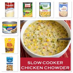 a bowl of chicken chowder next to cans of corn and other canned food items