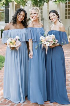 Model on the Left: Charisse; Size: 16; Color: French Blue | Model in the Middle: Britt; Size: 4; Color: Dusty Blue | Model on the Right: Saije; Size: 4; Color: Romantic Blue African Bridesmaids, Wedding Parties Colors, Bridesmaid Dress Colors, Bridesmaid Style, Blue Bridesmaid Dresses, Maid Dress, Dress Home, Chiffon Bridesmaid, Flutter Sleeves