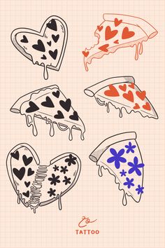 four pieces of pizza with hearts drawn on them and the words tattoo written in different languages