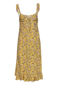 Current Boutique-Auguste - Light Yellow Floral Print Sleeveless Midi Dress Sz 2 Floral Print Midi Dress With Ruffled Straps For Brunch, Feminine Spring Sundress With Ruffle Hem, Chic Floral Print Midi Dress With Ruffled Straps, Chic Midi Dress With Floral Print And Ruffled Straps, Flowy Floral Midi Dress With Ruffled Straps, Flowy Floral Print Midi Dress With Ruffled Straps, Spring Sundress With Ruffled Straps For Day Out, Flowy Ditsy Floral Sundress For Garden Party, Flowy Midi Dress With Ruffled Straps For Daywear