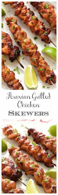 grilled chicken skewers with lime wedges on a white platter and the recipe below