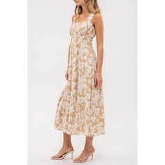 Introducing our August Sky Women's Wide Straps Ruched Bodice Floral Midi Dress, a blend of sophistication and femininity. Featuring a flattering U-neckline and square back, it exudes timeless elegance. The sleeveless design with wide straps and ruched details offers a chic silhouette. With elastic around the waistline and ruched details at the bodice, it ensures a comfortable and flattering fit. Adorned with an all-over floral print, its lined skirt prevents sheerness while maintaining its grace Fitted Beige Maxi Dress With Smocked Bodice, Beige Ruched Sundress Maxi Dress, Casual Beige Ruched Maxi Dress, Beige Sundress Midi Dress With Smocked Back, Beige Sundress With Smocked Back, Spring Beige Ruched Maxi Dress, Beige Ruched Maxi Dress For Spring, Maxi Shift Dress, Ballet Dress