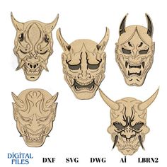 four wooden masks with horns and fangs are shown in three different styles, one is for the