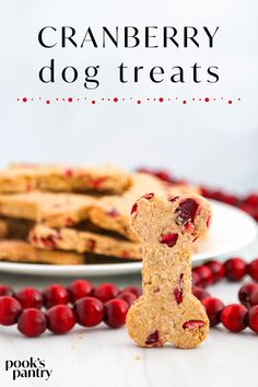 cranberry dog treats on a plate next to some cranberries and cookies