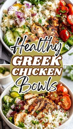 healthy greek chicken bowls with rice, tomatoes and cucumbers