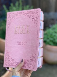 a hand holding a pink bible in front of a potted plant with greenery behind it