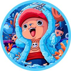 an image of a cartoon character surrounded by fish