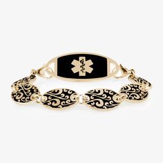 The Antique Gate medical ID bracelet features an epoxy-coated, black-filled, scrollwork pattern for a bold, feminine look. Pair this gold tone stainless steel medical alert bracelet with any custom-engraved Lauren�s Hope medical ID tag.

This stainless steel women�s medical alert bracelet is great for those with a history of PCOS, breast cancer, COPD, POTS, osteoporosis, lupus, multiple scleorsis, type one diabetes, type two diabetes, food or drug allergies, or any other medical condition or car Scrollwork Pattern, Medical Alert Bracelet, Medical Id Bracelets, Medic Alert Bracelets, Rose Tone, Medical Alert, Id Bracelets, Engraved Items, Id Tag