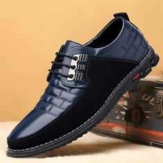 Category:Oxfords; Upper Materials:Leather; Embellishment:Splicing; Season:Spring,Fall; Gender:Men's; Size Suggestion:standard size, select your usual size; Activity:Walking; Toe Shape:Round Toe; Style:Casual; Boot Shaft:Booties / Ankle Boots; Outsole Materials:Rubber; Occasion:Daily; Closure Type:Loafer; Function:Comfortable; Pattern:Solid Colored; Listing Date:09/13/2023; 2024 Trends:Retro,Derby Shoes; Size chart date source:Provided by Supplier. Fall Business Casual Lace-up Leather Shoes, Casual Cap Toe Oxfords For Office, Casual Cap Toe Lace-up Shoes For Office, Blue Leather Loafers For Fall, Casual Faux Leather Oxfords For Office, Casual Blue Leather Shoes For Office, Mens Slip Ons, White Shoes Men, Shoes Retro