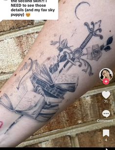 Shooter Tattoo, Upside Down Bouquet Tattoo, Fantasy Bookish Tattoos, Fae Inspired Tattoos, Fantasy Book Tattoo Sleeve, Books And Swords Tattoo, Books And Wildflowers Tattoo, Bookish Tattoos Large, Celtic Tattoo For Women Irish