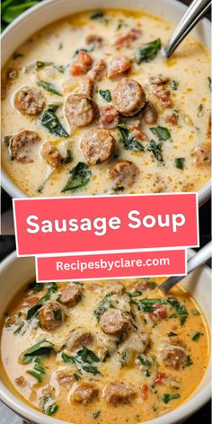 sausage soup in a white bowl with spinach and cheese on top, next to the recipe title