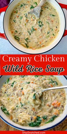 creamy chicken wild rice soup in a red and white bowl