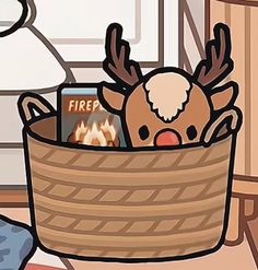 a cartoon character is sitting in a basket filled with books and other things to read