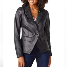 Brand New With Tags Elegant Black Leather Blazer, Black Leather Jacket For Business Casual, Sleek Black Leather Blazer, Modern Black Leather Jacket With Notch Lapel, Black Leather Blazer For Work, Chic Black Leather Jacket For Business, Modern Black Leather Blazer, Modern Black Leather Jacket For Work, Chic Black Leather Jacket For Business Casual