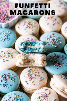 blue and white frosted cookies with sprinkles are on a plate that says funfetti macarons