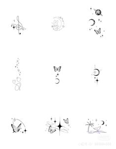 several different types of tattoos are shown in this drawing style, including stars and crescents