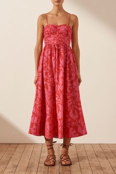 Antonia Ruched Panel Midi Dress | Azalea Pink/Roma Red | Dresses | Shona Joy – Shona Joy International Shona Joy, Midi Slip Dress, Sling Dress, Ruched Bodice, Midi Length Skirts, Red Dresses, Mini Dress Casual, Holiday Style, Ruched Dress