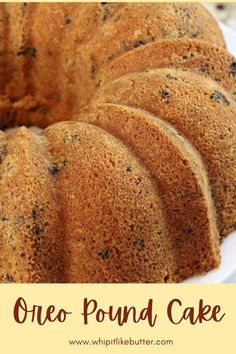 a bundt cake on a white plate with the words oreo pound cake above it