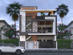 a white car is parked in front of a modern house with palm trees on the street