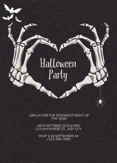 halloween party flyer with skeleton hands in the shape of a heart