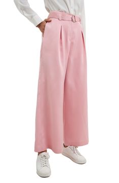 A simple box pleat lends elegance to these bubblegum-hued wide-leg satin pants with an adjustable D-ring belt. 100% polyester Hand wash, dry flat Imported Wide Leg Ankle Pants, D Ring Belt, Ring Belt, English Factory, Satin Pants, Box Pleats, Ankle Pants, D Ring, Spring Fashion