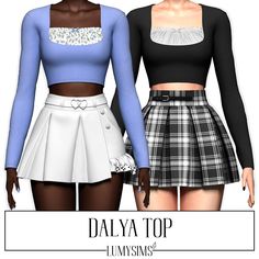 two women wearing skirts and crop tops with the caption, dalya top lumsims