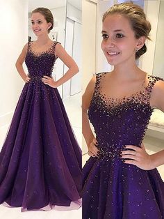 A-Line/Princess Scoop Floor-Length Tulle Sleeveless Beading Dresses Prom Dress Purple, Sweep Train Prom Dress, Purple Evening Dress, Muslim Evening Dresses, Purple Prom, Floor Length Prom Dresses, Purple Prom Dress, Beaded Prom Dress, Gown Prom