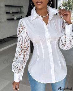 Olivia Mark - Eyelet Embroidery Lantern Sleeve Top: A Stylish and Elegant Wardrobe Essential Ärmelloser Pullover, Lantern Sleeve Top, Asymmetrical Hem Top, Eyelet Embroidery, Asymmetrical Blouse, Evening Dresses Short, Embroidery Top, Chic Type, Off Shoulder Fashion