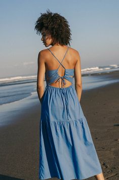 JOIE Midi Dress - cornflower blue linen cotton Statement Heels, Chic Flats, Slim Tie, Blue Beach, Feminine Dress, Cornflower Blue, Blue Midi Dress, Tiered Skirt, Sun Kissed