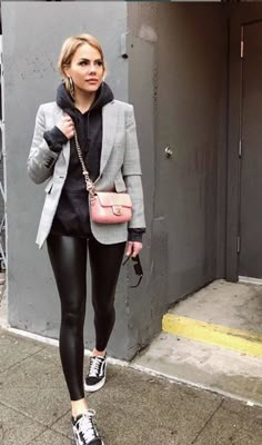 Blazer Hoodie And Leggings Outfit, Commando Leather Leggings Outfit, Office Leggings Outfit Summer, Black Blazer Leather Leggings, Hoody Leggings Outfit, Women’s Casual Street Wear, Leather Pants And Vans Outfit, Black Leggings Outfit Autumn, Leather Leggings Doc Martens Outfit