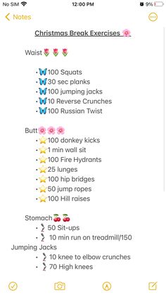 a screenshot of the christmas break exercise list for kids and adults, with instructions on how to do it