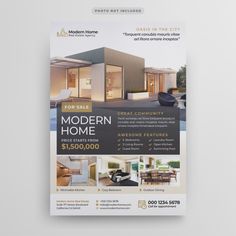 a real estate flyer is shown on a white background with an image of a modern home