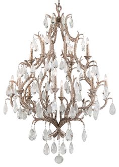 a chandelier with crystal drops hanging from it's center branch, on an isolated white background