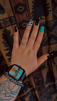 Western Cowprint Nails, Black Cowprint Nails, Cowprint Nail Design Almond, Black Nails Western, Cute Cowprint Nails, Black And Turquoise Nails Western, Western Nails Blue, Country Wedding Nails