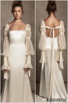 the back of a white wedding dress with long sleeves and ruffles on it