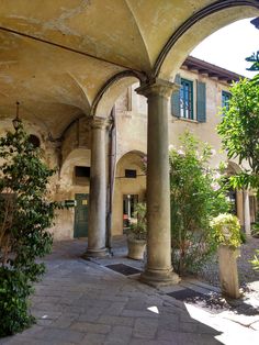 an outdoor courtyard with columns and potted plants