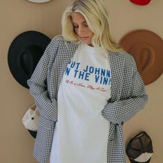 Add some country vibes to your wardrobe with the "Johnny On the Vinyl" T-Shirt. This quirky tee features a graphic of Johnny, the ultimate vinyl-loving rebel, perfect for music lovers and trendsetters alike. Country Vibes, Shady Lady, Black Tape, Blazer Vest, Brand Sale, Beauty Lover, Silver Jeans, Pant Shirt, Blouse Dress