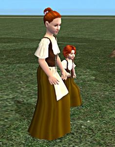 two red headed women in brown and white dresses walking across a green grass covered field