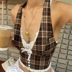 Shop women Bow Plaid Halter Backless Tank Tops now Exclusively on Aesthelook with Free Worldwide Shipping - Bow Plaid Halter Backless Tank Tops on SALE! Backless Tank Top, Plaid Top, Backless Design, Vest Outfits, Mode Inspo, Retro Vibe, Summer Outfits Women, French Style, Halter Top