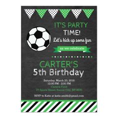 a soccer birthday party with green, black and white stripes on the chalkboard background