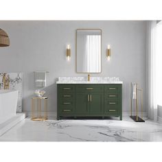 a bathroom with marble counter tops and green cabinetry, along with a gold framed mirror on the wall